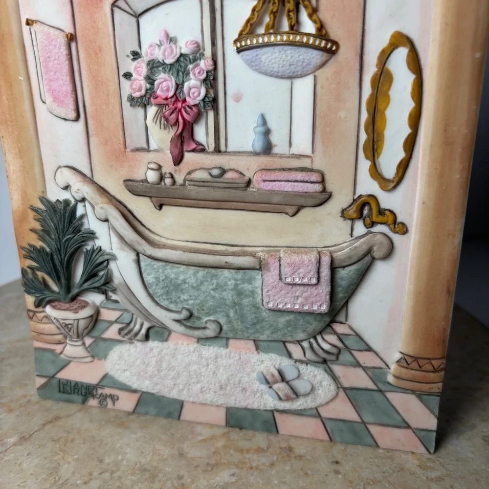 Janet Kruskamp 3D   Plaque 8x6 Pastel Victorian Bathroom Clawfoot Tub Art